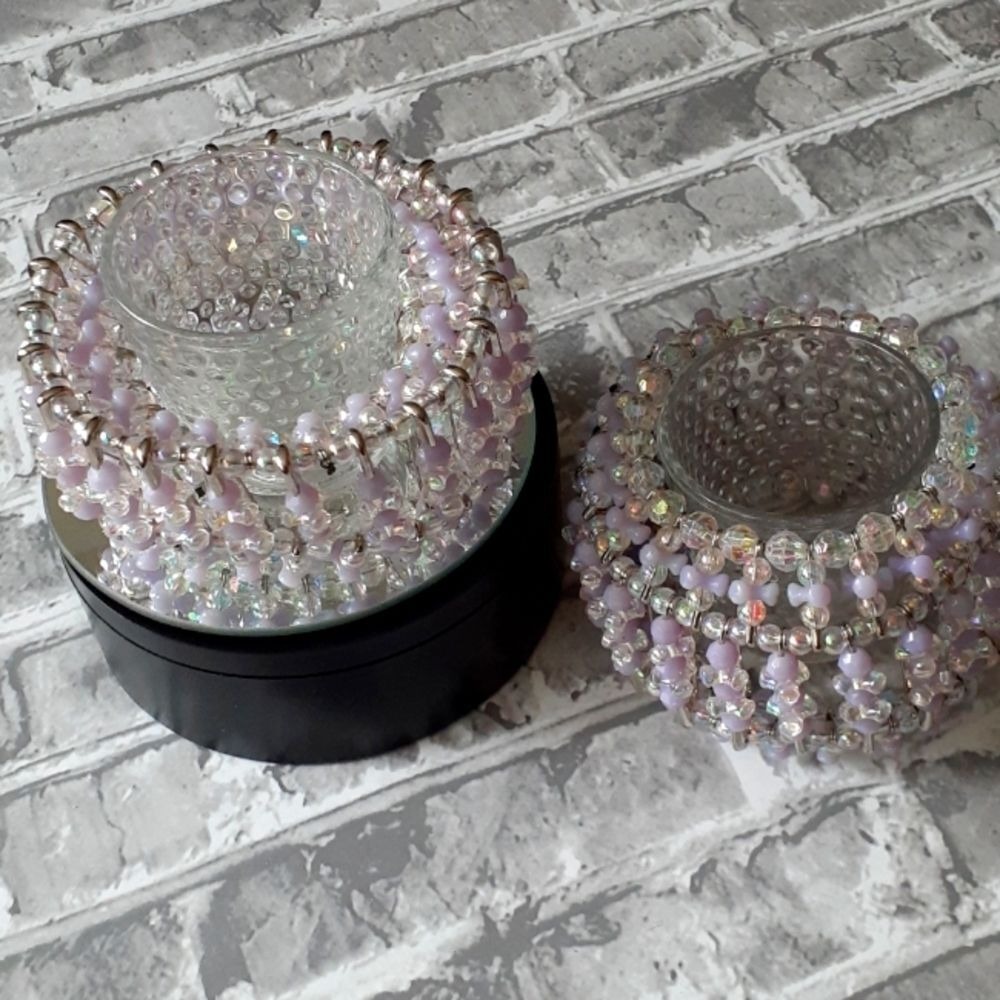Vintage Handmade Safety Pin Beaded Votive Candle Holders Lavender Set of 2